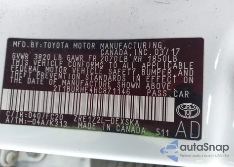 2017 Toyota Corolla Se z USA, uszkodzony, nr VIN 2T1BURHE4HC871146